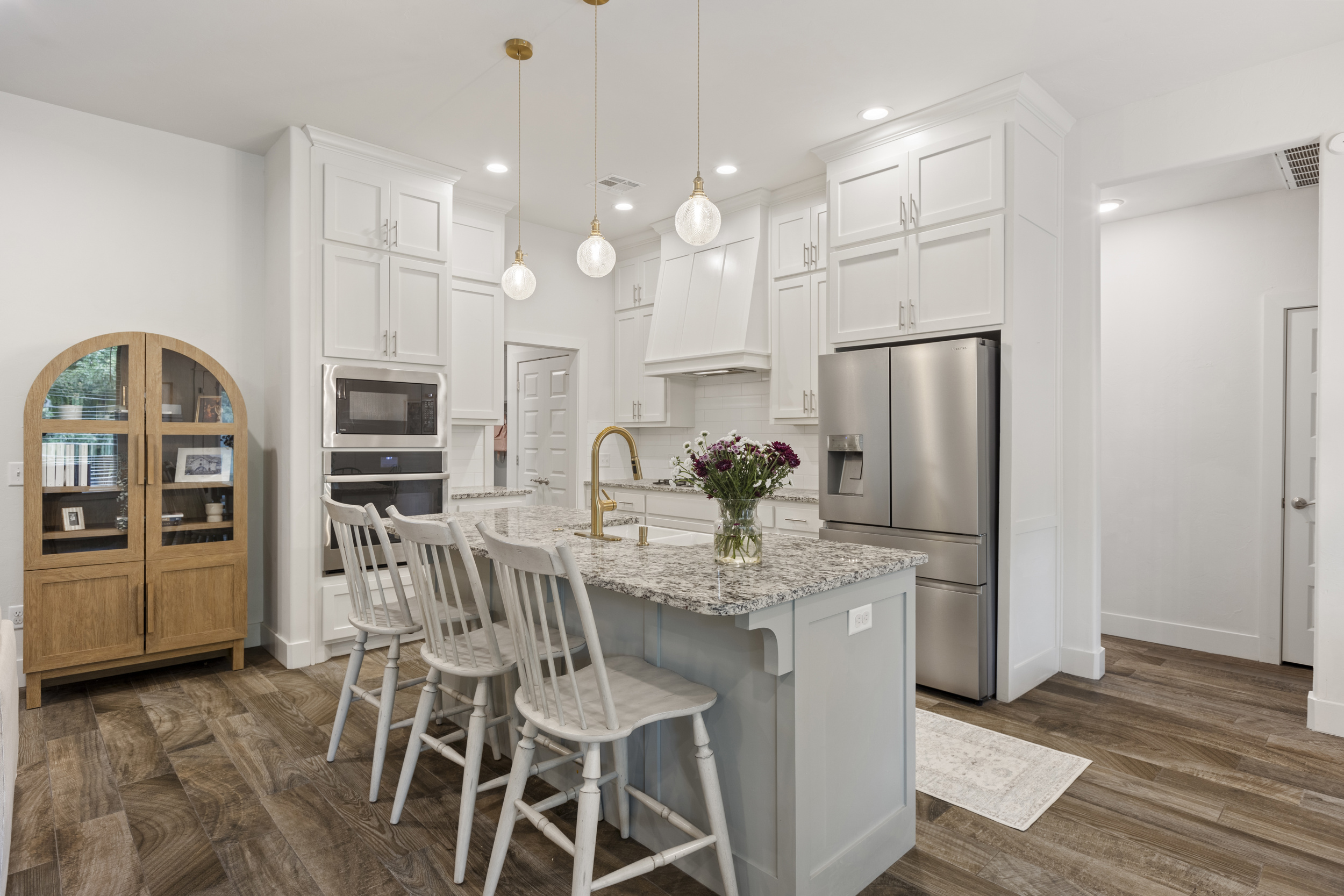 Bright staged kitchen with an island